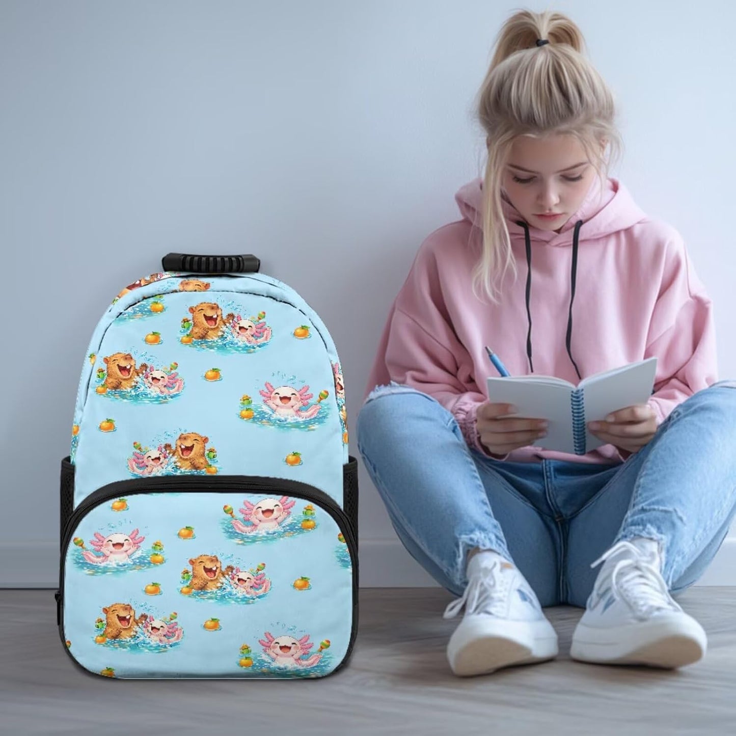 Cute Capybara Pizza Backpack for Girls, 5 Pcs Boys School Bag Set for Kids, 17 Inch Backpacks Lunch Pencil Box Reusable Utensils Case Set for Middle Elementary School, 3rd Grade Backpack
