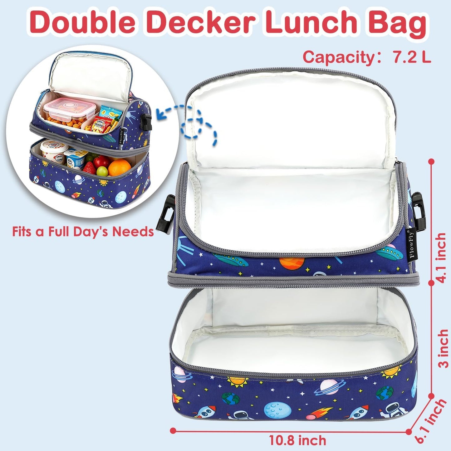 FlowFly Kids Double Decker Cooler Insulated Lunch Bag Large Tote for Boys, Girls, Men, Women, With Adjustable Strap, Unicorn
