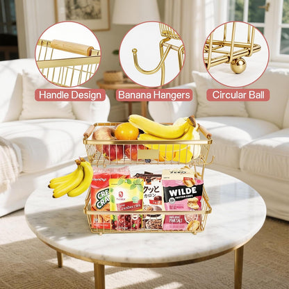 Fruit Basket Bowl 2 Tier Detachable with 2 Banana Hangers, Fruit Stand Holder for Kitchen Countertop, Metal Wire Vegetable Storage Organizer, for Bread Snack Veggies Produce, Black