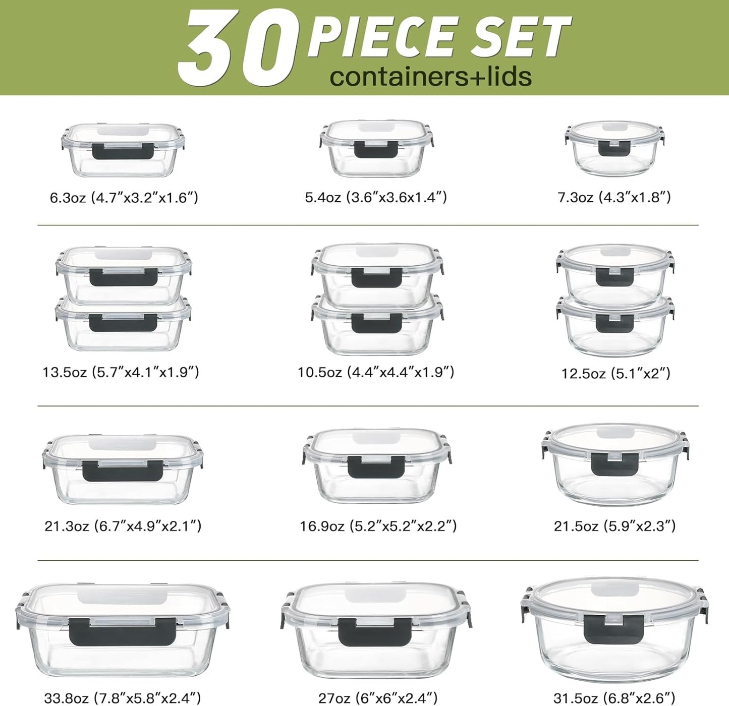 BAYZZ 30 Piece Glass Food Storage Containers Set, Glass Meal Prep Containers with Lids, Airtight Lunch Box, BPA-Free, Microwave, Freezer & Dishwasher Safe
