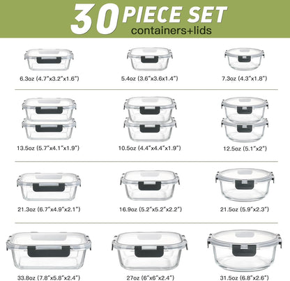 BAYZZ 30 Piece Glass Food Storage Containers Set, Glass Meal Prep Containers with Lids, Airtight Lunch Box, BPA-Free, Microwave, Freezer & Dishwasher Safe