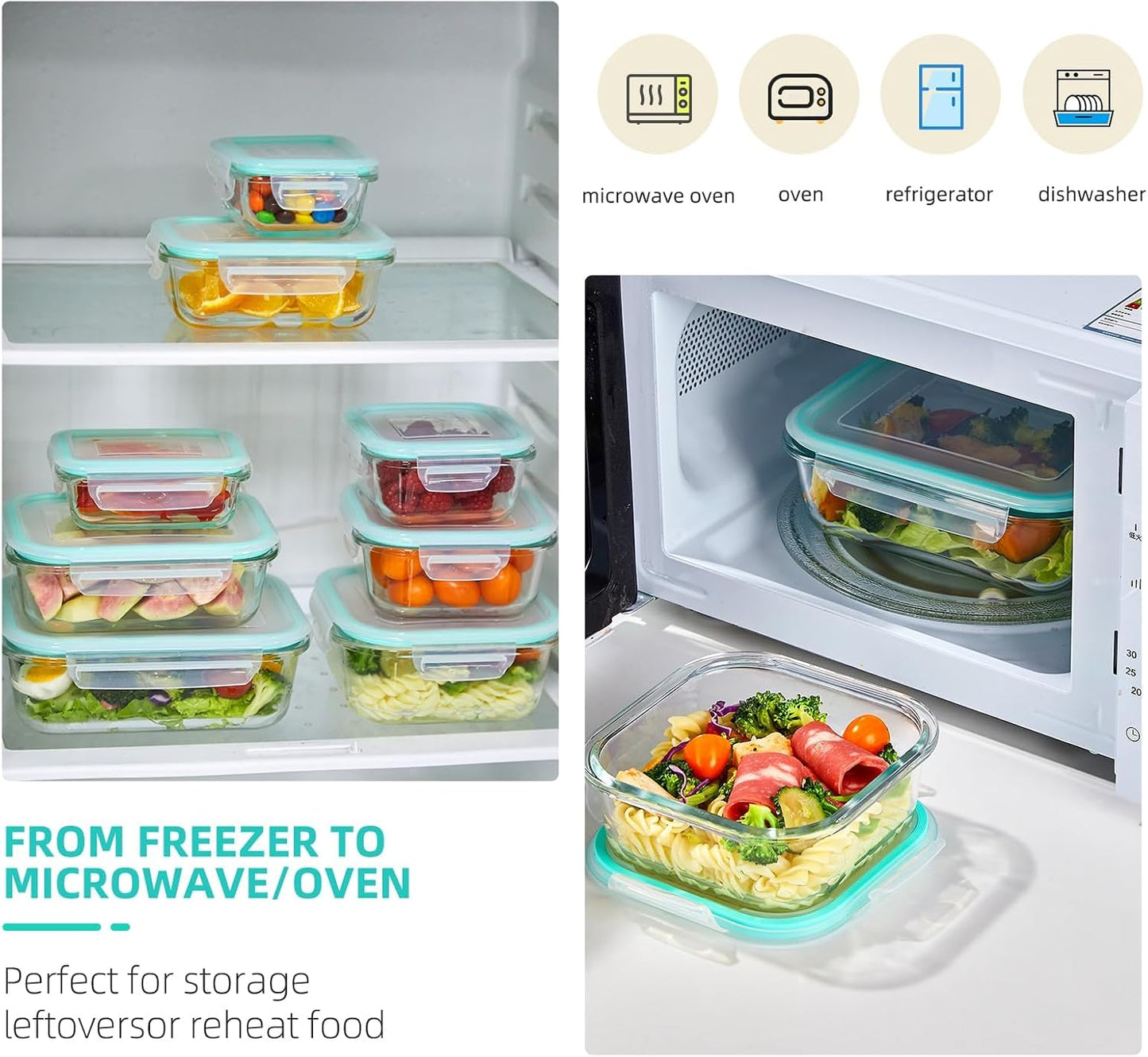 Liuruiyu 8 Pack 36OZ Glass Food Storage Containers with Lids, Meal Prep Containers, Airtight Bento Boxes with Leak Proof Locking for Microwave, Oven, Freezer and Dishwasher, BPA Free