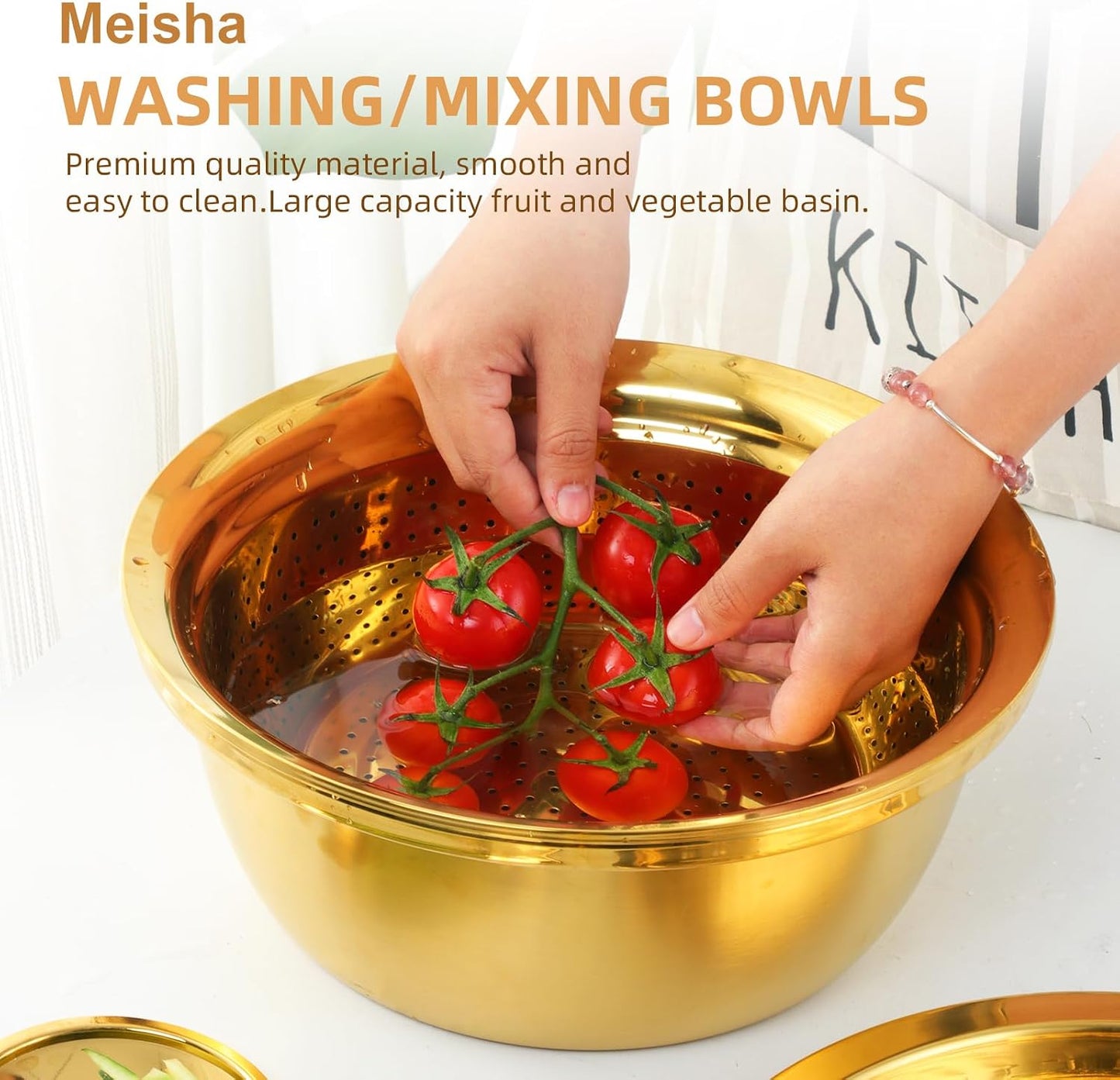 DOCBLACK Colander, 3Pcs Stainless Steel Kitchen Tool 3 in 1 Drain Basket Fruit and Vegetable Cutter Strainer Bowl Set Drain Pot Basket Grater for Fruits Vegetables Rice Washing Mixing - Gold