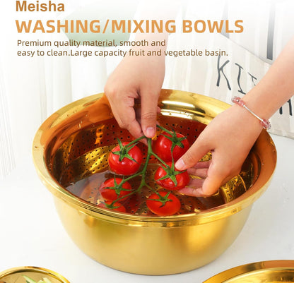 DOCBLACK Colander, 3Pcs Stainless Steel Kitchen Tool 3 in 1 Drain Basket Fruit and Vegetable Cutter Strainer Bowl Set Drain Pot Basket Grater for Fruits Vegetables Rice Washing Mixing - Gold