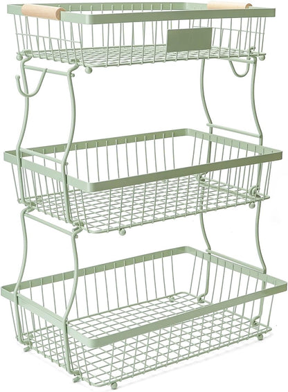 Fruit Basket Bowl 2 Tier Detachable with 2 Banana Hangers, Fruit Stand Holder for Kitchen Countertop, Metal Wire Vegetable Storage Organizer, for Bread Snack Veggies Produce, Black