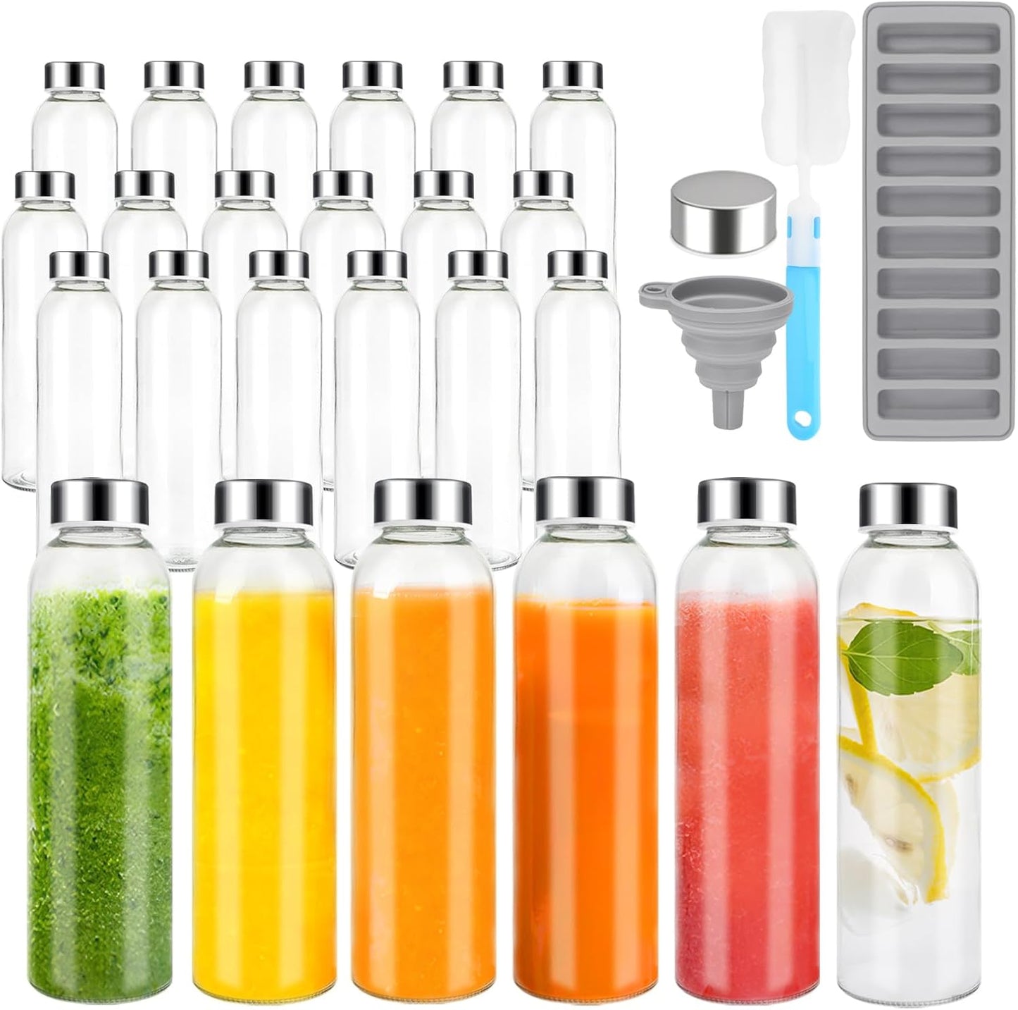 Zukro Glass Juice Bottles with Lids for Juicing 18 oz, Reusable Clear Glass Water Bottles with Stainless Steel Airtight Cap for Refrigerator, 100% Leak Proof Drinking Jar, BPA Free, Set of 6