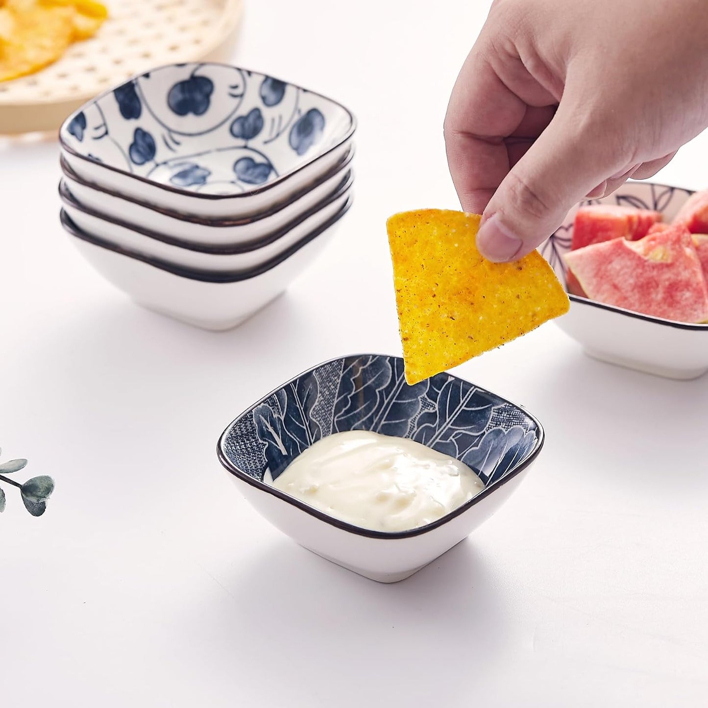 Japanese Style Ceramic Dipping Bowls,3'' Small Pinch Bowls Set Side Sauce Cups,Dishes for Sushi,Snack and Soy,BBQ,2.5 Oz Blue and White Mini Bowl for Kitchen Prep - Set of 6 (3 inch)