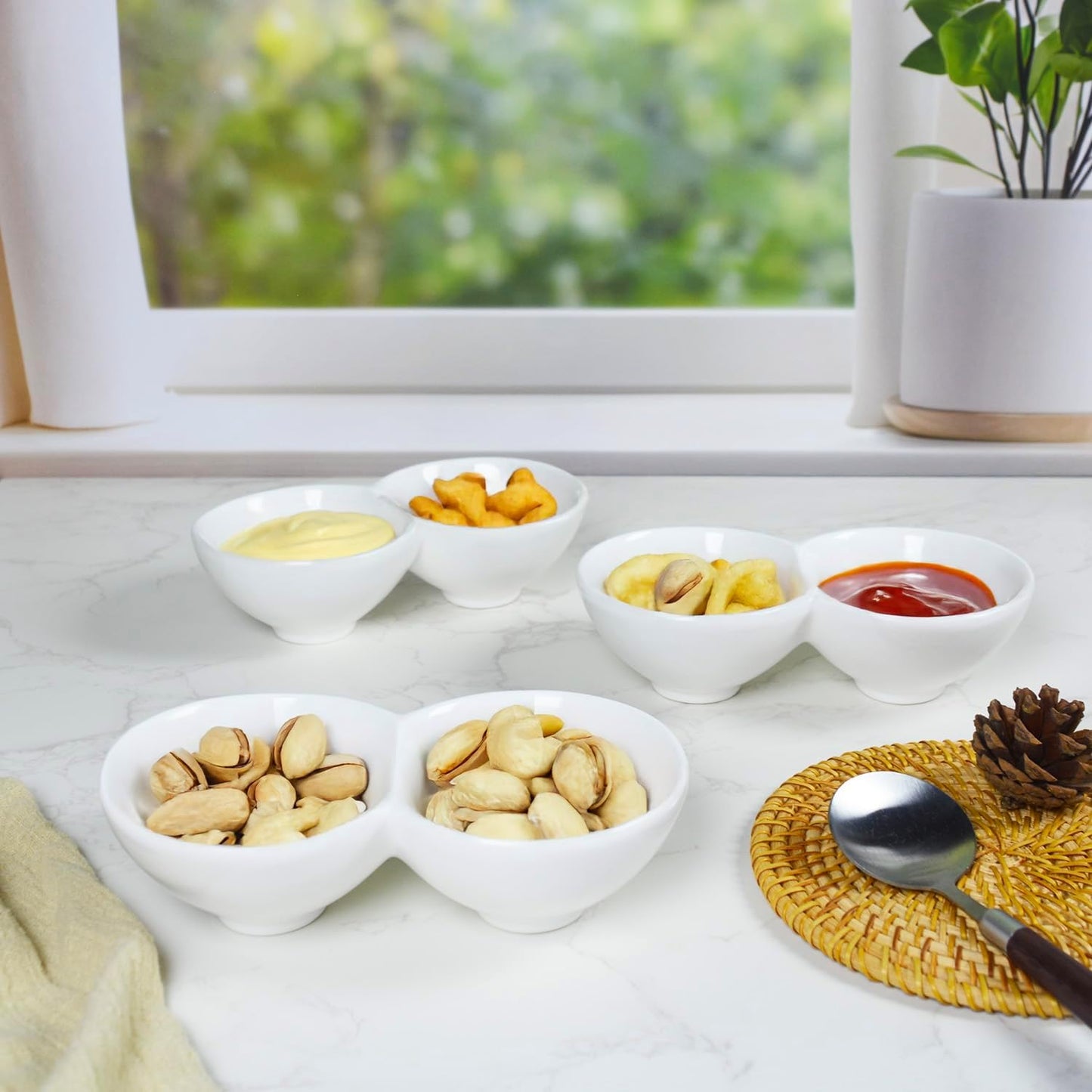 4 Pieces Chip and Dip Serving Set Ceramic Divided Serving Trays Platters Chip and Dip Bowl Compartment Cheese Ball Serving Dish Dumpling Plate for Party Appetizers Snacks Veggies, 7.1 Inch