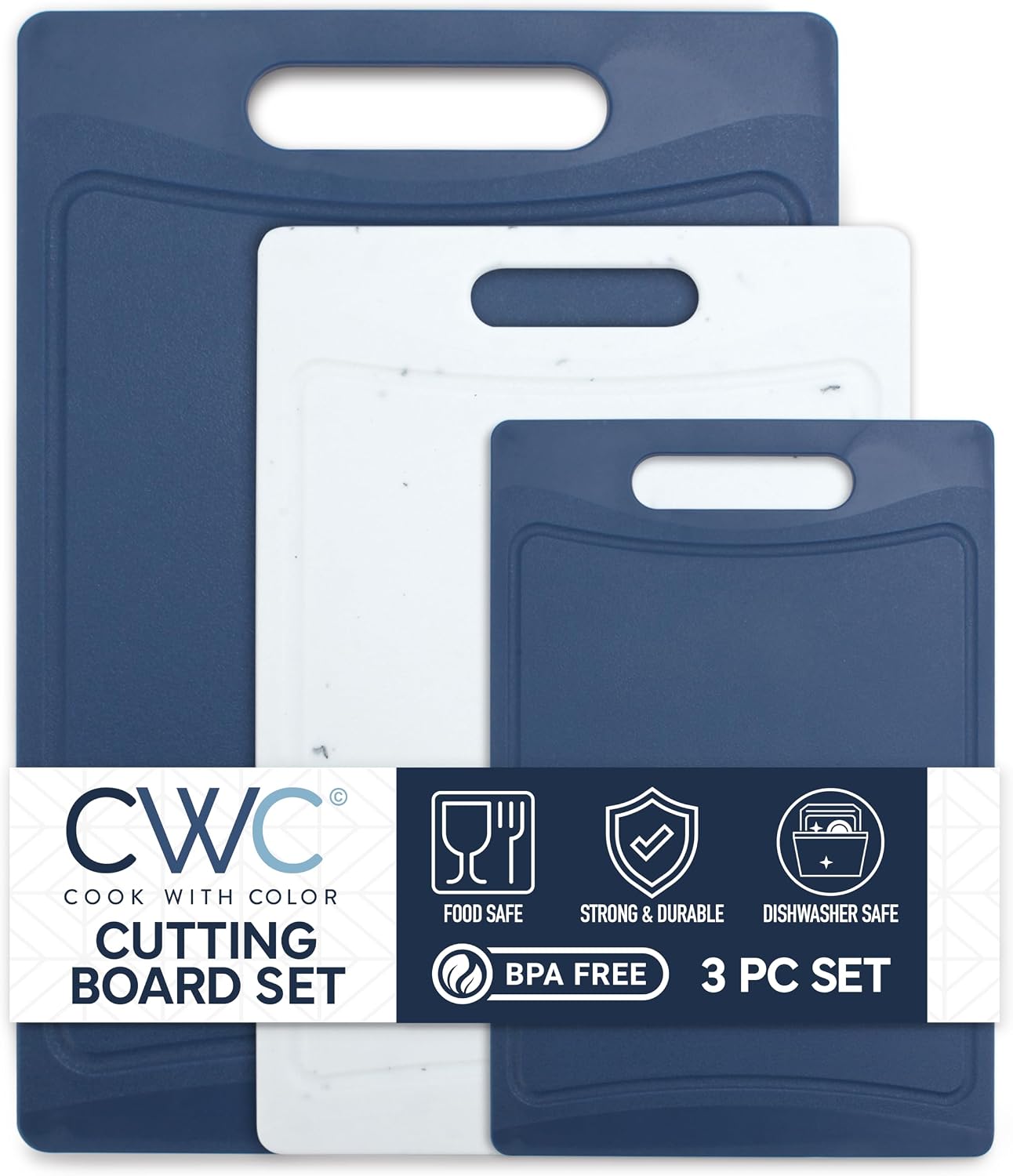 COOK WITH COLOR Non-Slip Cutting Board Set – Kitchen Essentials with Easy Grip Handle for Meat, Veggies, and Fruits, 3 Cutting Boards, Speckled White