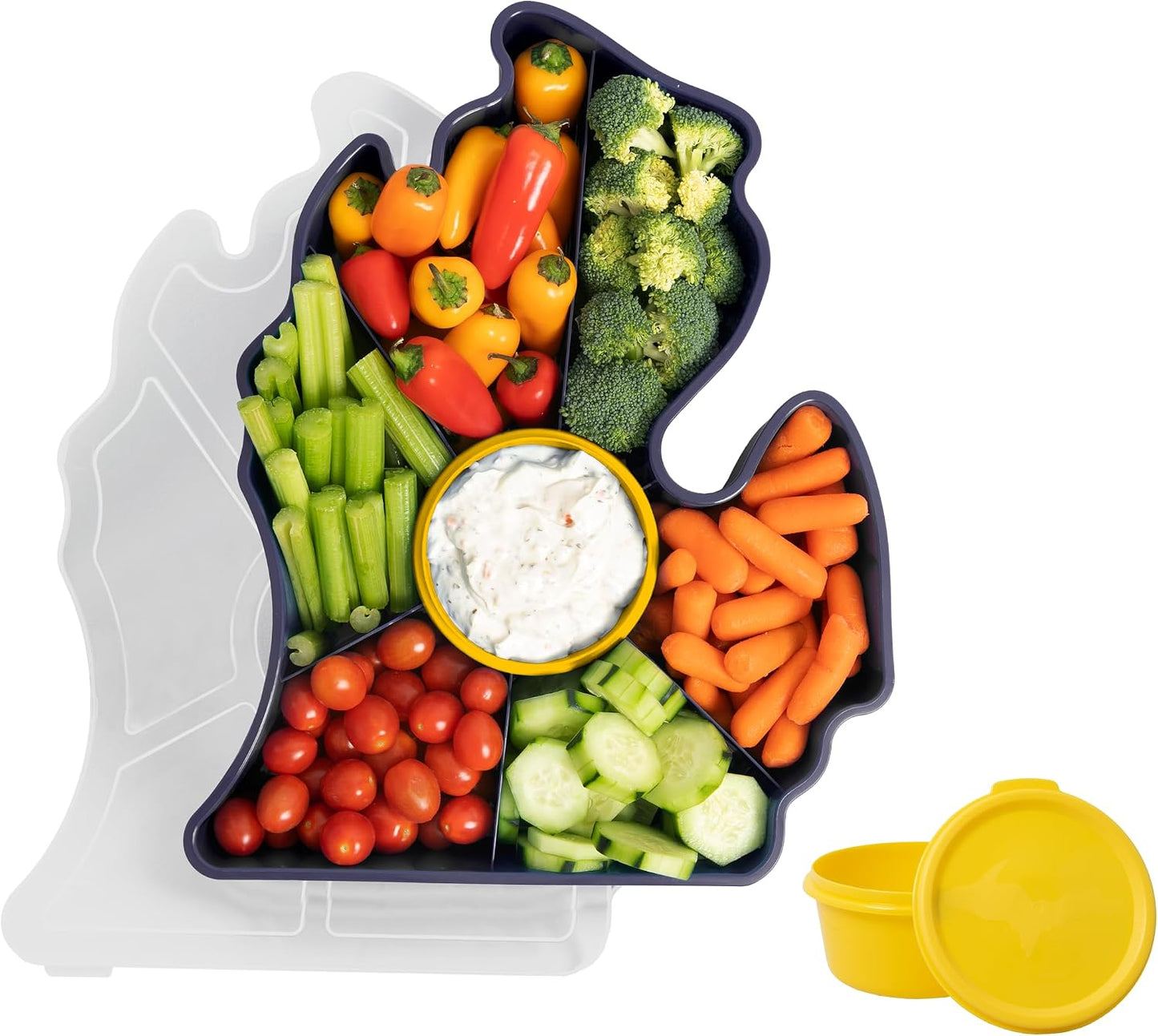 KOLORAE Michigan Serving Tray - Unique 7 Compartment Mitten State Reusable Snack Tray w/Dressing Cup. Great for Entertaining and Storage for Appetizers, Snacks, Chips & Dip
