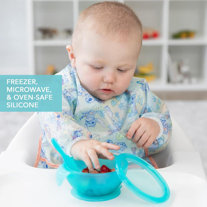 Bumkins Baby Bowl, Silicone Feeding Set with Suction for Baby and Toddler, Includes Spoon and Lid, First Feeding Set, Training Essentials for Baby Led Weaning for Babies 4 Months Up, Sage