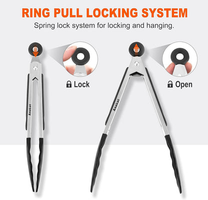 Anaeat Premium Kitchen Locking Tong Set of 3 - Heavy Duty Stainless Steel Food Tongs with Long Handle & Non-Slip Silicone Grip for Cooking, Baking, Grilling - Heat Resistant up to 480°F