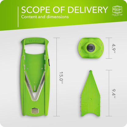 Börner Mandoline Slicer V5 (Basic Set) • Vegetable V-Slicer for Slices in 4 Thickness Settings • Stainless Steel V-Blade • Adjustable Kitchen Slicer for Vegetables & Fruits • Color: Green