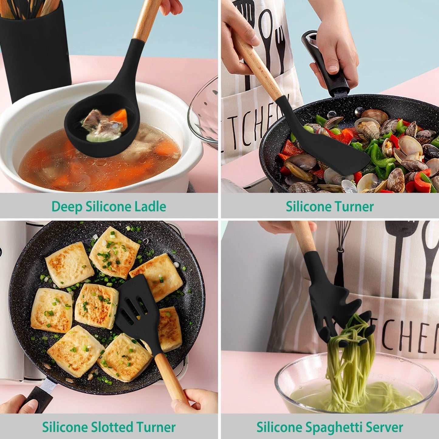 11-Piece Heat-Resistant Silicone Utensil Set with Wooden Handles & Holder — Spatula, Ladle, Tongs, Spaghetti Server, Whisk, Spoon, Carbon-Steel Core, Nonstick-Safe Kitchen Tools
