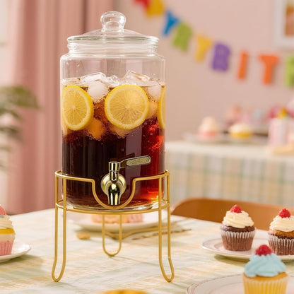 Glass Drink Dispensers For Parties, 1.5 Gallon Beverage Dispenser With Glass Airtight Lids, Gold Metal Stand And Stainless Steel Spigot. Lemonade & Juice Dispenser With Chalk board-One Pack