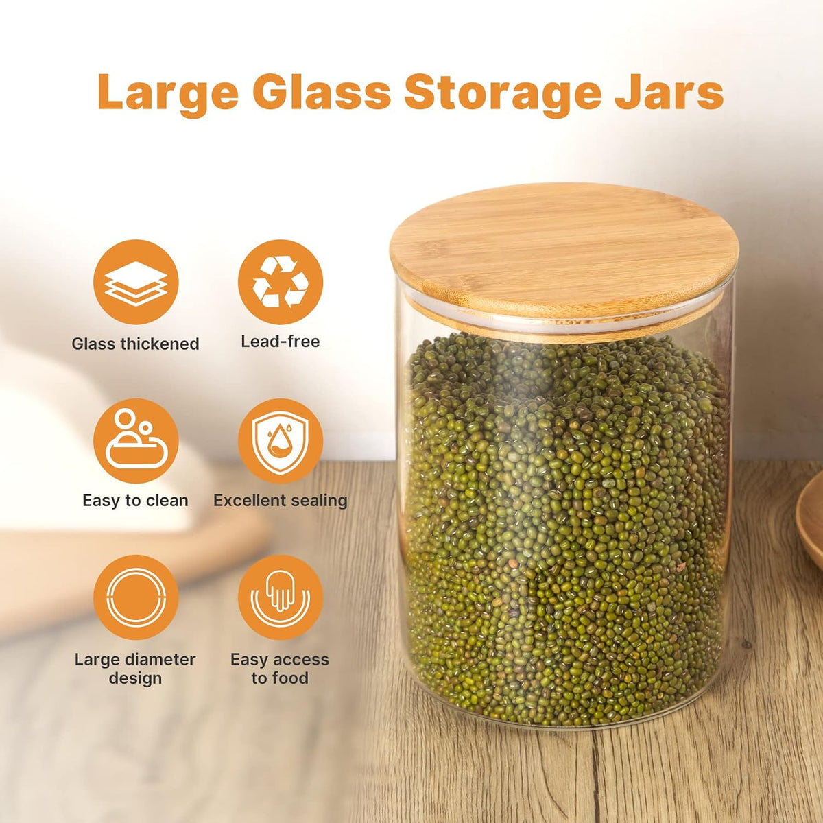 Glass Food Storage Jars 37 oz Set of 6,Glass Storage Containers Clear Glass Food Canister with Bamboo Lid Airtight For Serving Tea, Coffee, Flour, Sugar, Candy, Cookie, Spice and More (Square)
