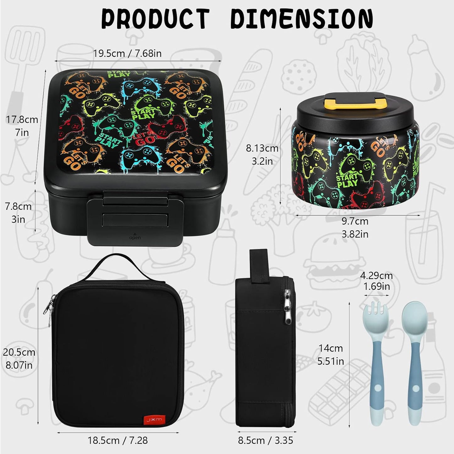 JXXM Bento Lunch Box for Kids With 8oz Soup thermo,Leak-proof Lunch Containers with 5 Compartment,thermo Food Jar and Lunch Bag, Food Containers for School (A-Blue(Extreme Locomotive))
