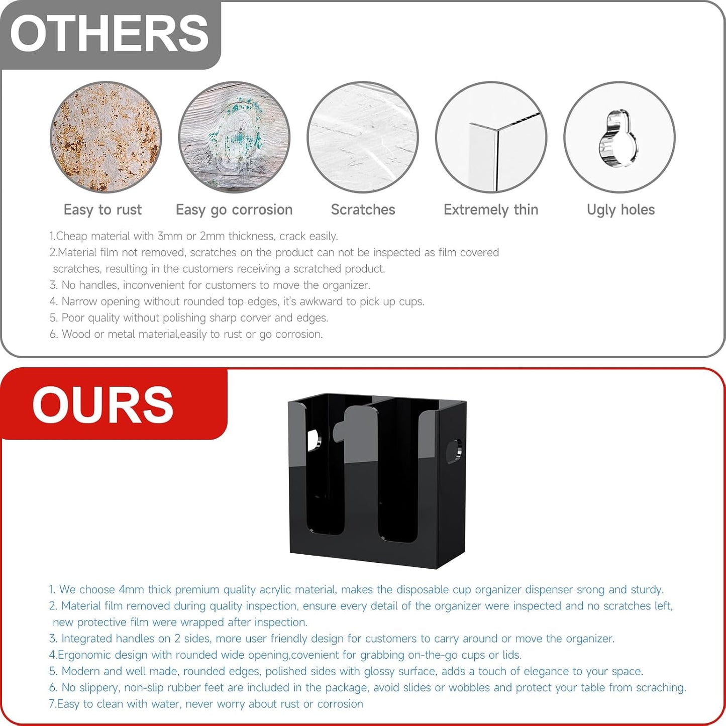 WINFFOR Disposable Cup Organizer Dispenser - 2 Compartments Clear Acrylic Cup and Lid Holder with Handles Plastic Cup Dispenser Countertop Paper Cup Holder for Coffee Bar House Party Essentials