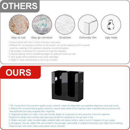 WINFFOR Disposable Cup Organizer Dispenser - 2 Compartments Clear Acrylic Cup and Lid Holder with Handles Plastic Cup Dispenser Countertop Paper Cup Holder for Coffee Bar House Party Essentials