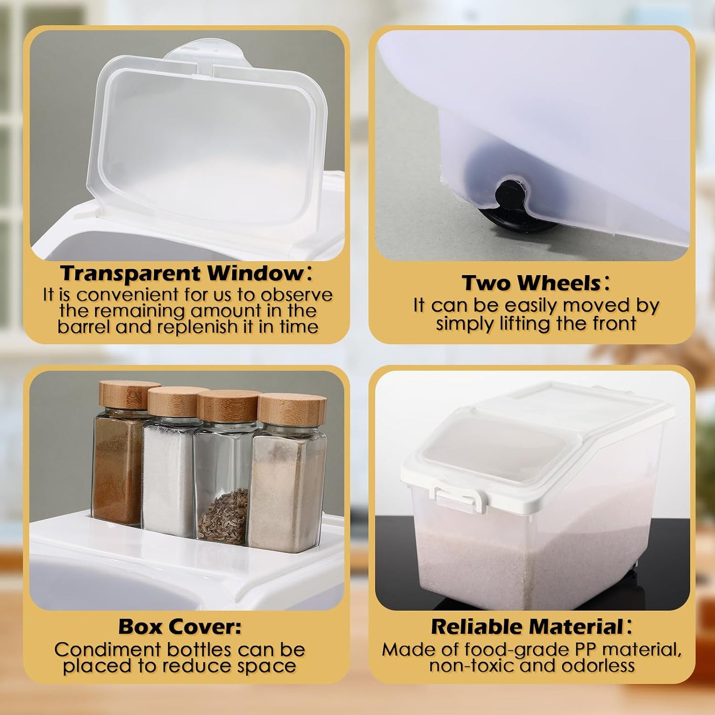 Sunnyray 4 Pcs Rice Storage Container 27.5 lb Airtight Flour Container with Wheels Measuring Cup White Pet Food Dog Cat Birds Food Bin Grain Cereal Organizer Box for Dry Baking Supplies