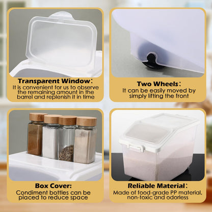 Sunnyray 4 Pcs Rice Storage Container 27.5 lb Airtight Flour Container with Wheels Measuring Cup White Pet Food Dog Cat Birds Food Bin Grain Cereal Organizer Box for Dry Baking Supplies