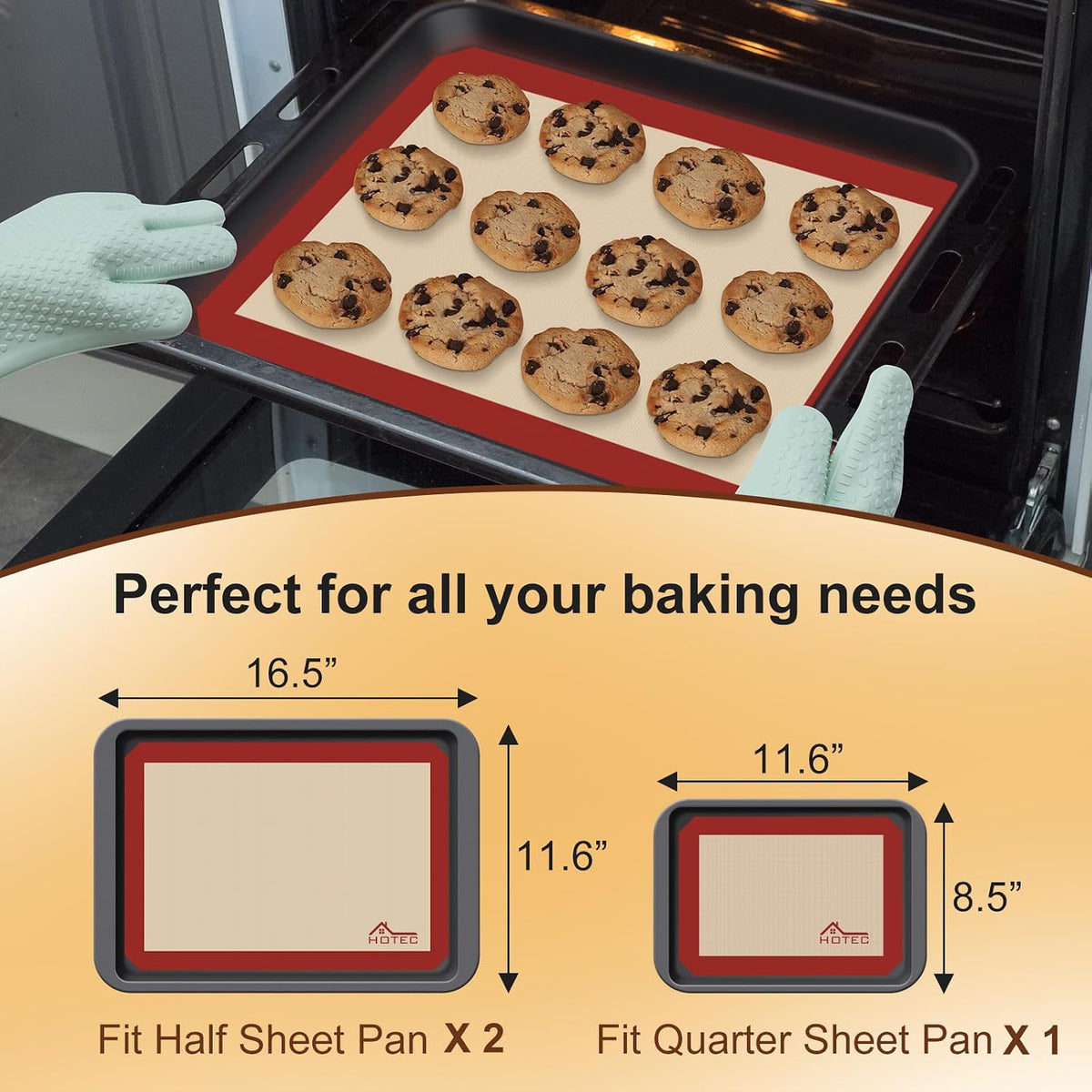 HOTEC Silicone Baking Mats 3 Pack – Non-Stick Reusable Silicone Baking Sheets for Oven – Cookie & Macaron Mats – 2 Half Sheet + 1 Quarter Sheet – BPA-Free, Dishwasher Safe