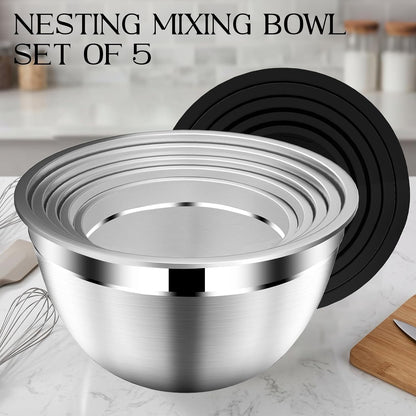 DUTZUN Mixing Bowls with Lids Set - 16pcs Stainless Steel Mixing Bowl Set with Colander, 3 Grater Attachments, Non-Slip Bottom, Metal Nesting Bowls with Strainer for Mixing & Serving - Black