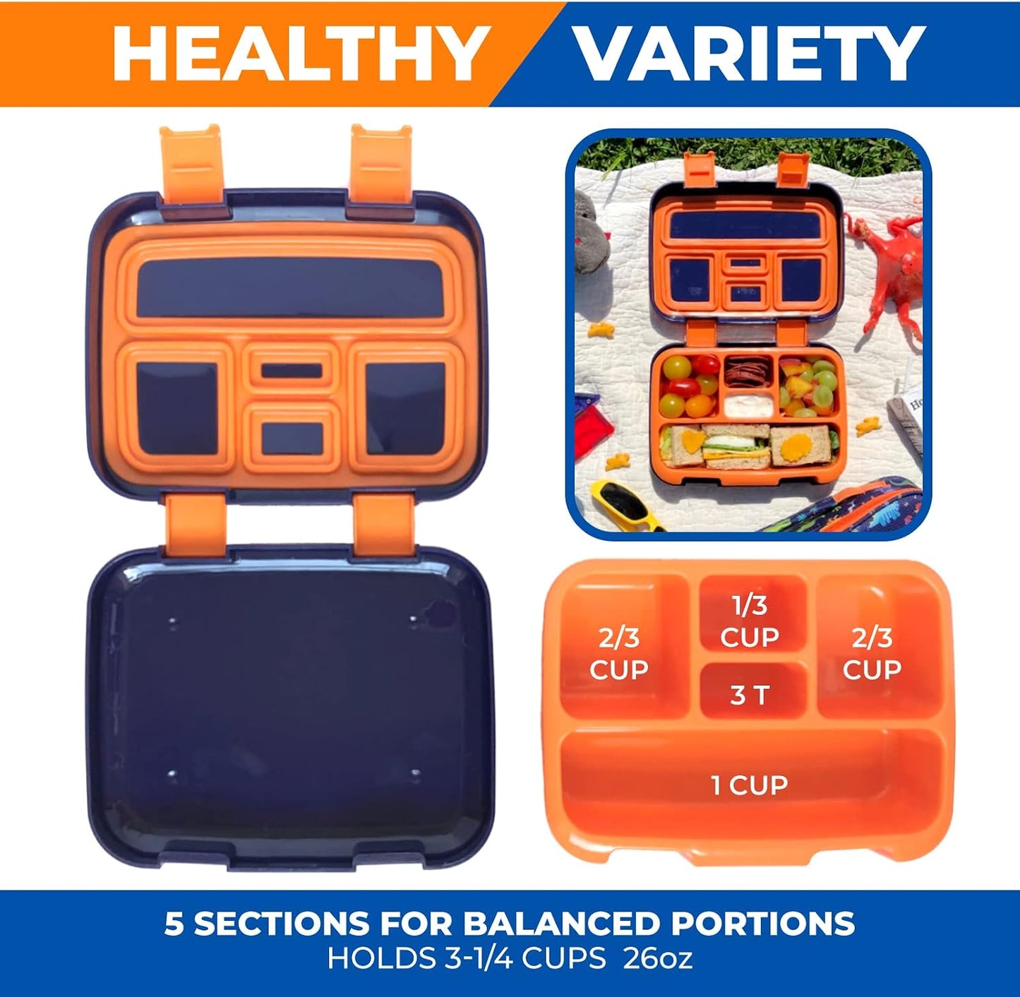 Kinsho Bento Lunch Box for Kids Toddlers, 5 Portion Control Sections, BPA Free Removable Plastic Tray, Pre-School Kid Toddler Daycare Lunches, Snack Container Ages 3 to 7 (Blue Space Rockets)