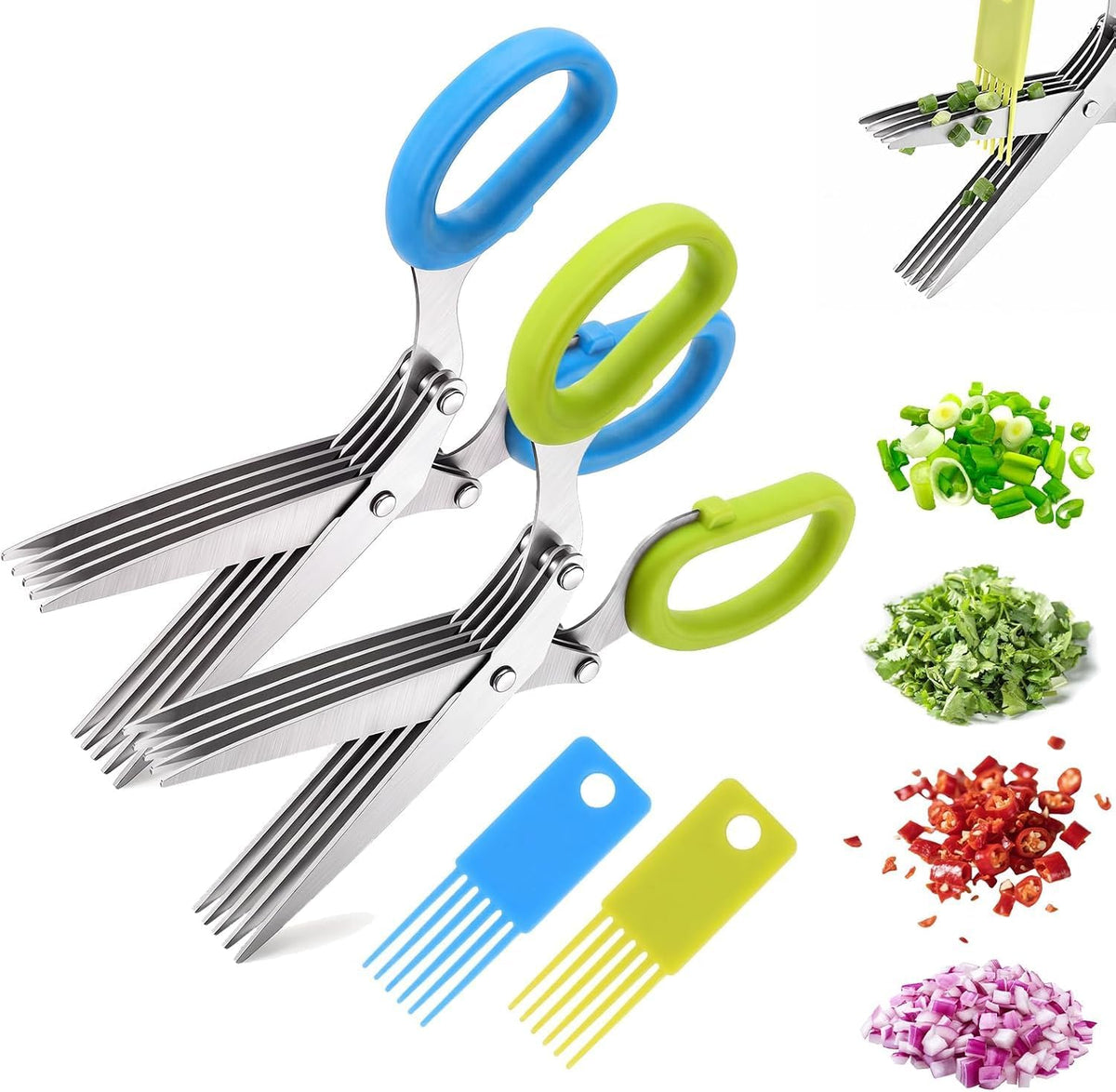 5-Blade Stainless Steel Herb Shears Herb Cutter with Cover - Fast Kitchen Chopper For Fresh Herbs Seasonings，Green+Blue