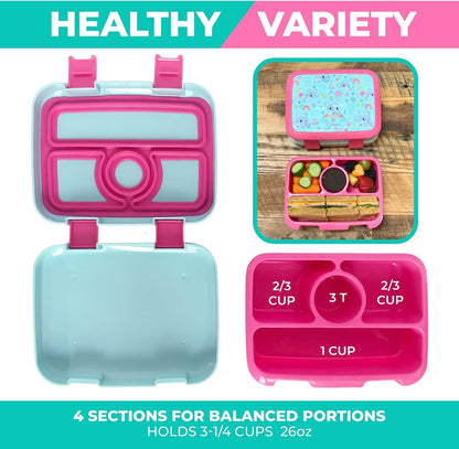 Kids Lunch Box - Bento Box for Boys Toddler Daycare, 4 Portion Sections with Lid, Snack Container Pre-School Kid Lunches Toddlers Removable Tray BPA Free, 3+ Years Old, Blue Rocket Dinosaur