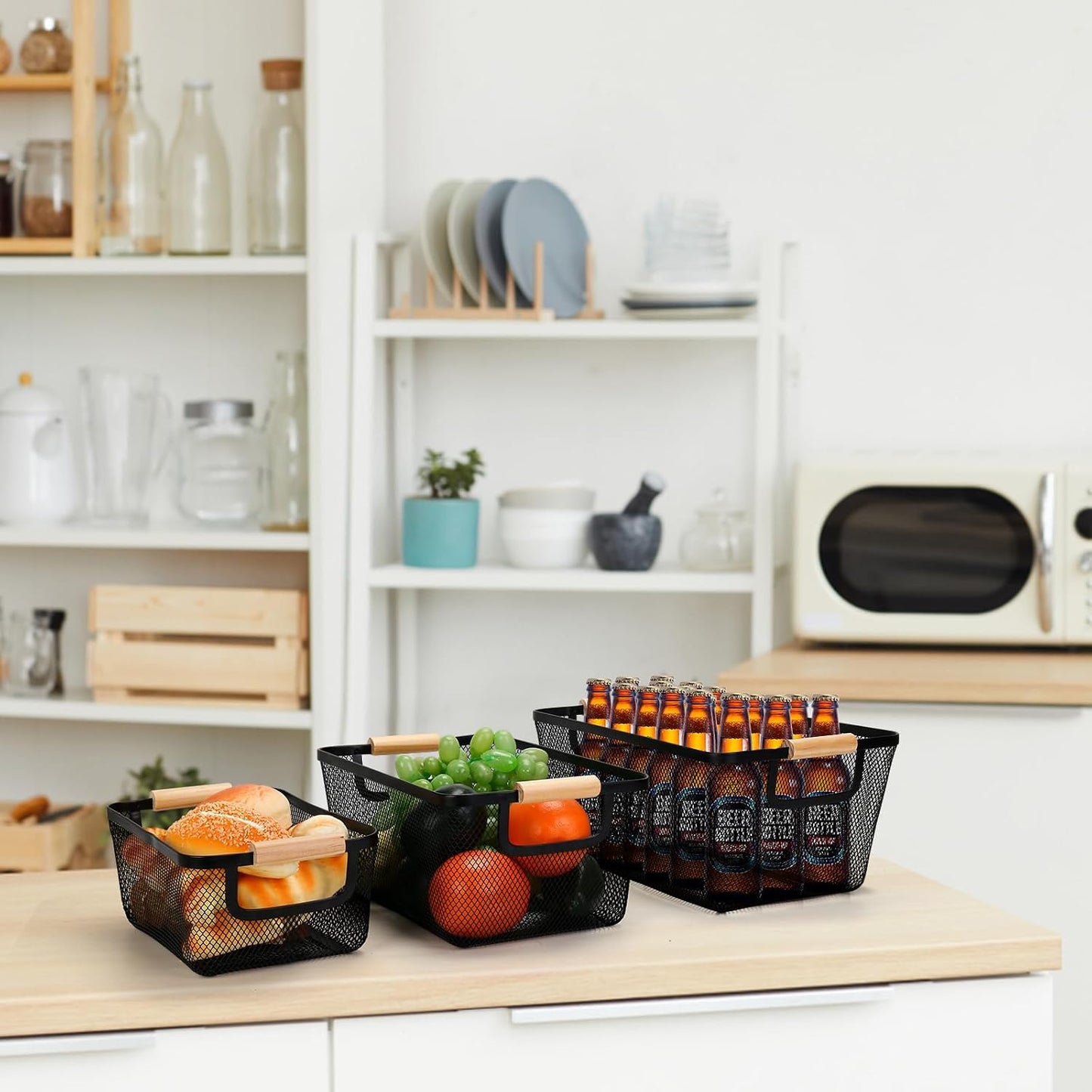 Wire Basket, 3 Pack Metal Mesh Pantry Basket with Wooden Handle for Organizing, 3 Sizes Black Wire Steel Bins Pantry Organizers and Storage, Kitchen Fruit Containers for Shelves Cabinets Organization