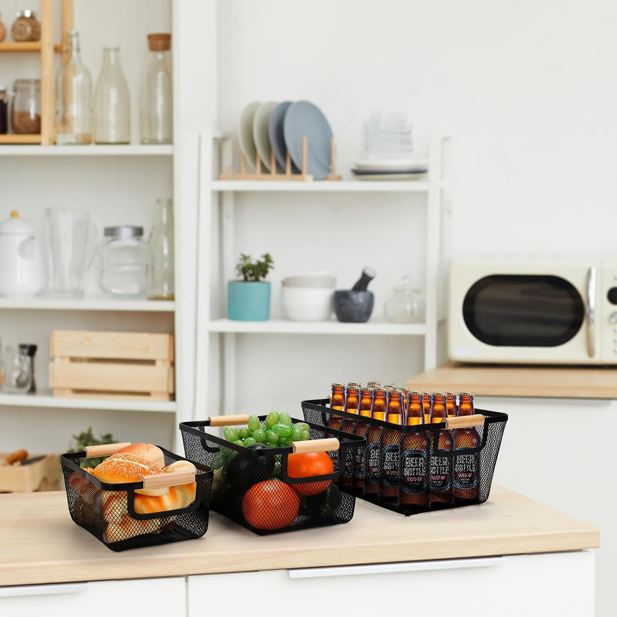 Wire Basket, 3 Pack Metal Mesh Pantry Basket with Wooden Handle for Organizing, 3 Sizes Black Wire Steel Bins Pantry Organizers and Storage, Kitchen Fruit Containers for Shelves Cabinets Organization