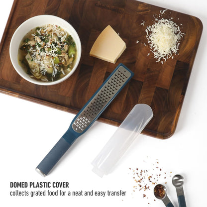 Calphalon Edge Lemon Zester, Stainless Steel Fine Citrus Grater for Lemon, Garlic & Ginger, Handheld Kitchen Zester with Protective Cover & Ergonomic Handle, Taupe