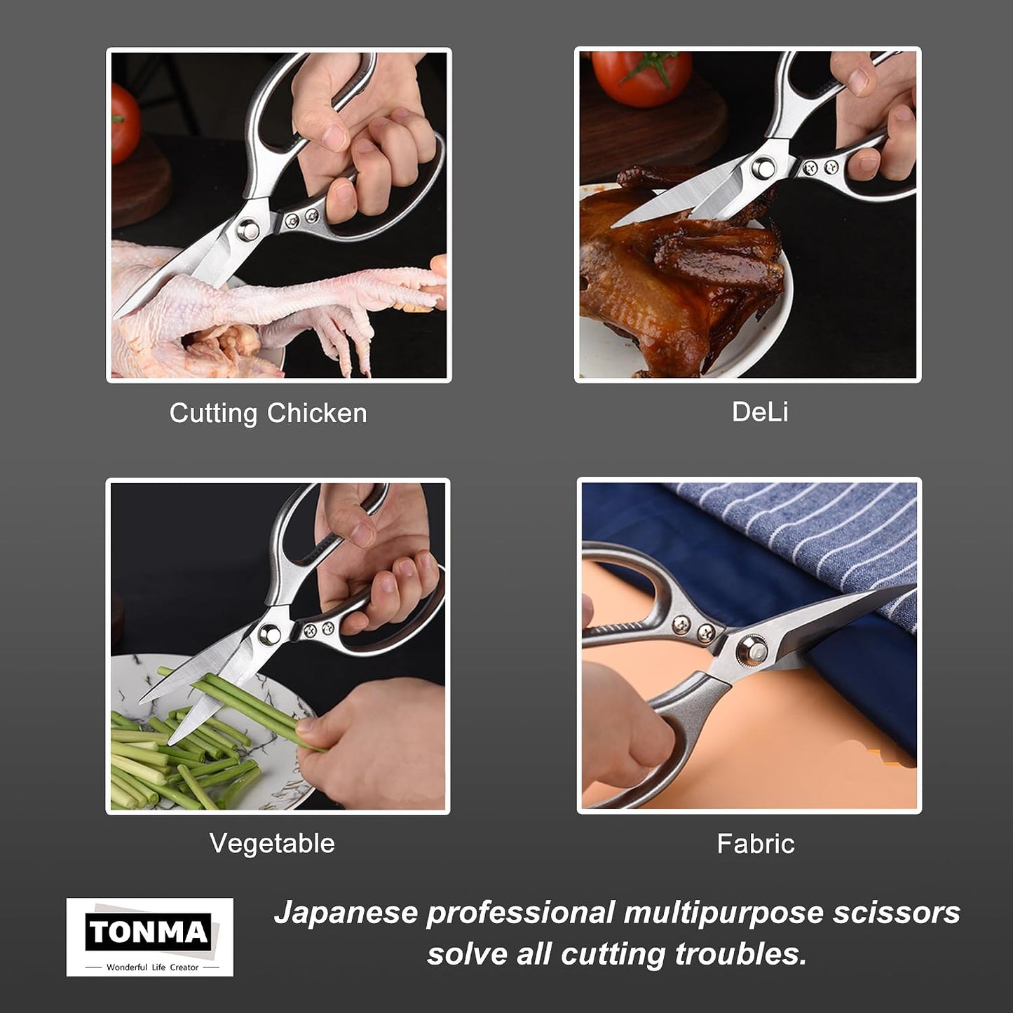 TONMA Kitchen Scissors All Purpose [Made in Japan] Full Metal Stainless Steel Japanese Kitchen Shears Heavy Duty with Micro Serrated, Cooking Scissors for Food Ergonomic Dishwasher Safe