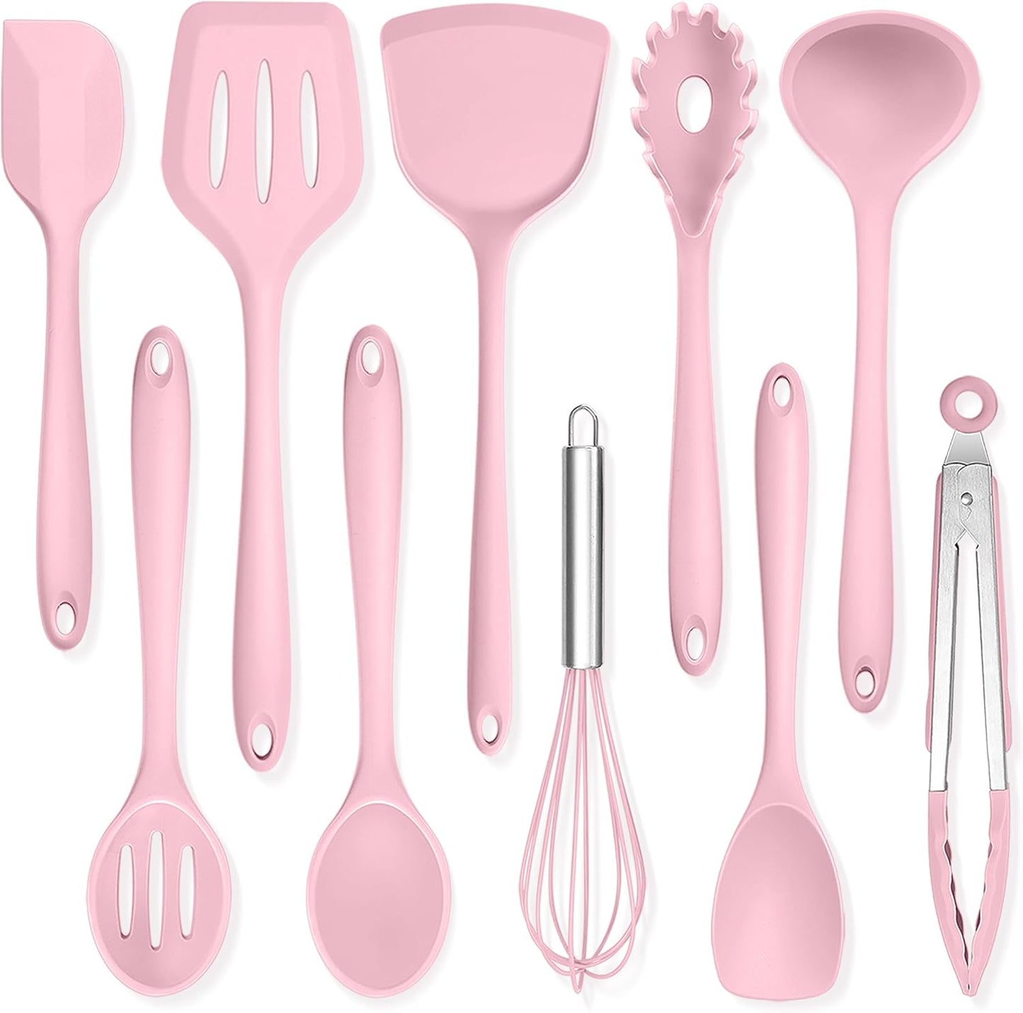 TeamFar Silicone Cooking Utensils, 10 pcs Kitchen Cooking Utensils Set, 446°F Heat Resistant Kitchen Gadgets Tools Set w/Spatula, Turners, Spoons, Soup Ladle, Pasta Server for Nonstick Cookware, Black