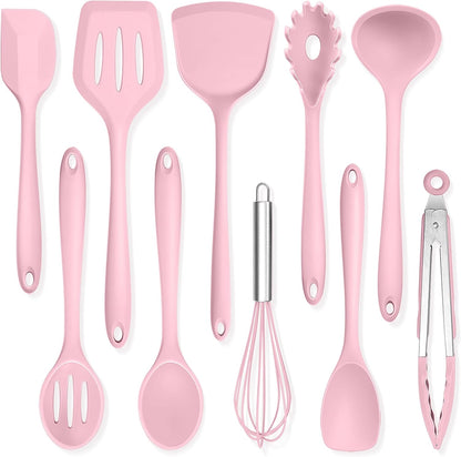 TeamFar Silicone Cooking Utensils, 10 pcs Kitchen Cooking Utensils Set, 446°F Heat Resistant Kitchen Gadgets Tools Set w/Spatula, Turners, Spoons, Soup Ladle, Pasta Server for Nonstick Cookware, Black