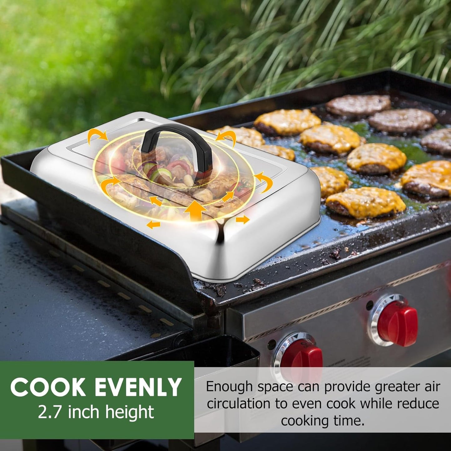 2Pcs Basting Cover Melting Dome for Griddle (13 x 9.8"), Joyfair Rectangular Stainless Steel Cheese Melt Lid for Outdoor Flat Top Grill, Heat-Resistant Handle & Dishwasher Safe (No Vent)