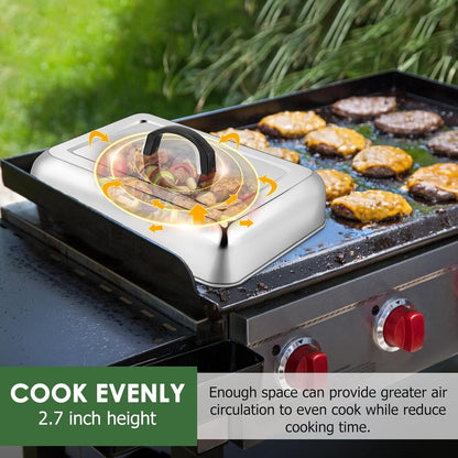 2Pcs Basting Cover Melting Dome for Griddle (13 x 9.8"), Joyfair Rectangular Stainless Steel Cheese Melt Lid for Outdoor Flat Top Grill, Heat-Resistant Handle & Dishwasher Safe (No Vent)