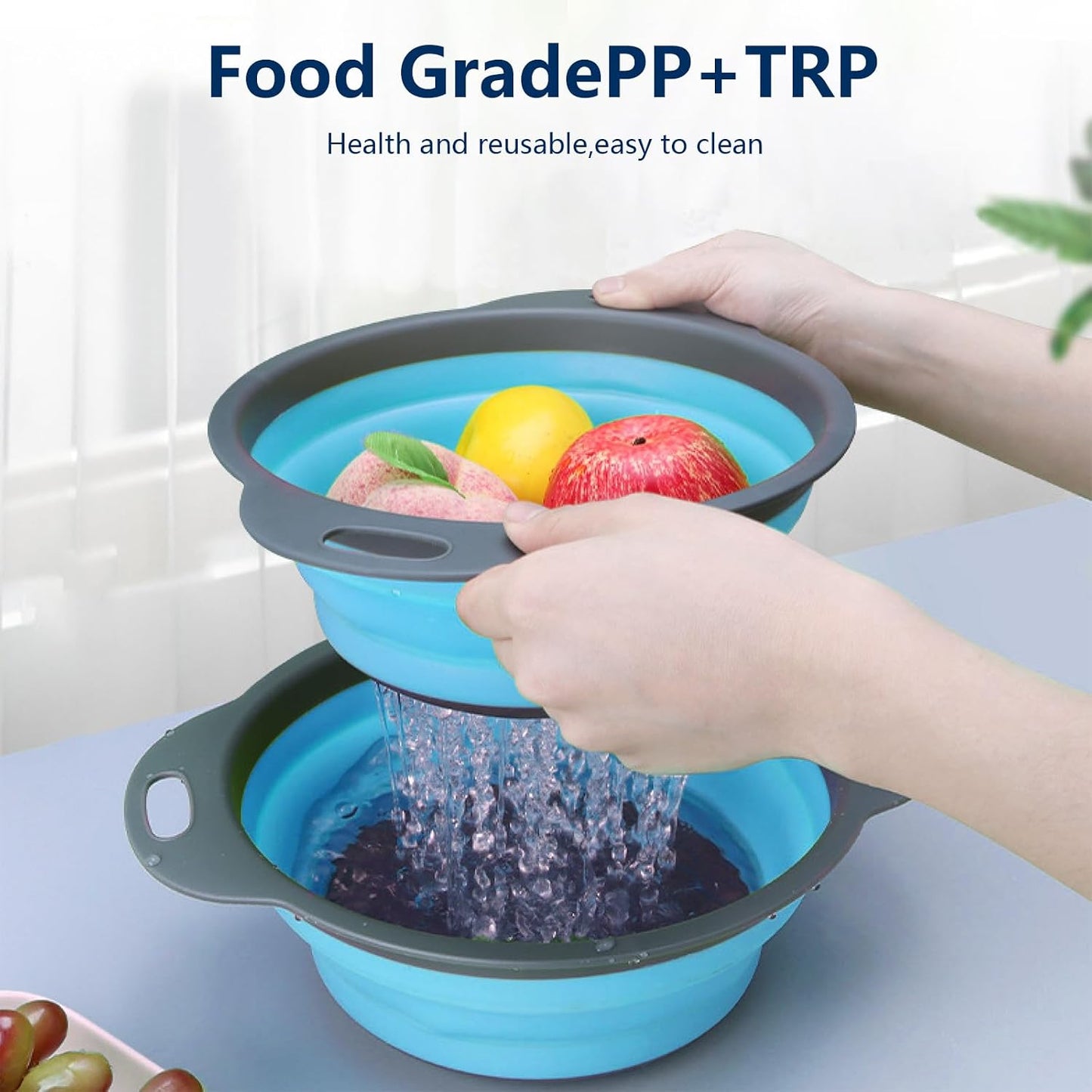 Collapsible Colander Set of 3, Space-Saving Silicone Strainers with Handles, Heat Resistant Food Draining Baskets for Vegetables, Fruits, Pasta, Kitchen, RV & Camping Use (Blue)