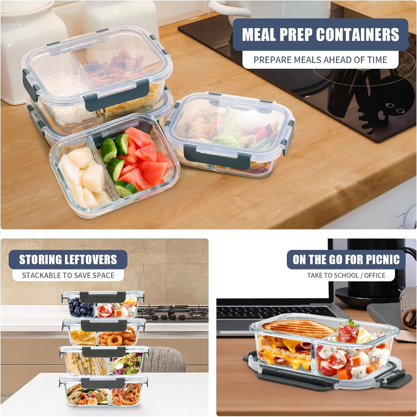 GULFLIN 12 Pack 22oz Glass Meal Prep Containers, Food Storage Containers with Lids, Air-Tight, Leak-Resistant, Freezer to Microwave Safe - Grey Set