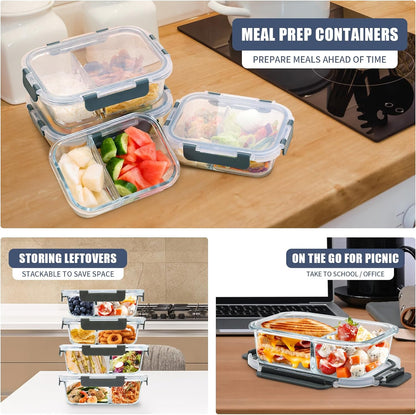 GULFLIN 12 Pack 22oz Glass Meal Prep Containers, Food Storage Containers with Lids, Air-Tight, Leak-Resistant, Freezer to Microwave Safe - Grey Set