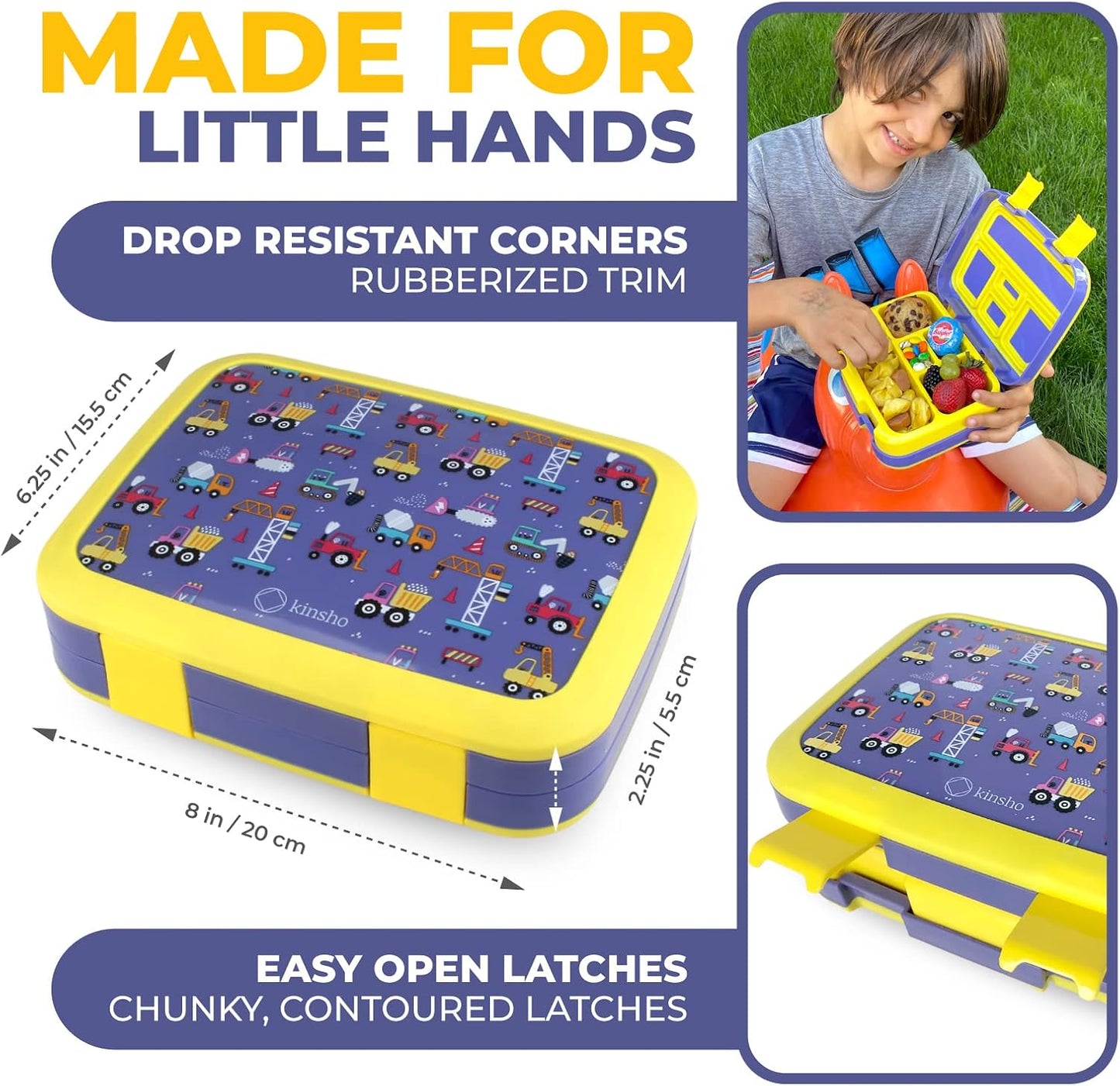Kinsho Bento Lunch Box for Kids Toddlers, 5 Portion Control Sections, BPA Free Removable Plastic Tray, Pre-School Kid Toddler Daycare Lunches, Snack Container Ages 3 to 7 (Blue Space Rockets)