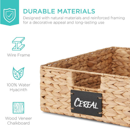 Best Choice Products Set of 4 9x12in Water Hyacinth Pantry Baskets, Woven Organizers w/Chalkboard Label, Chalk Marker - Natural