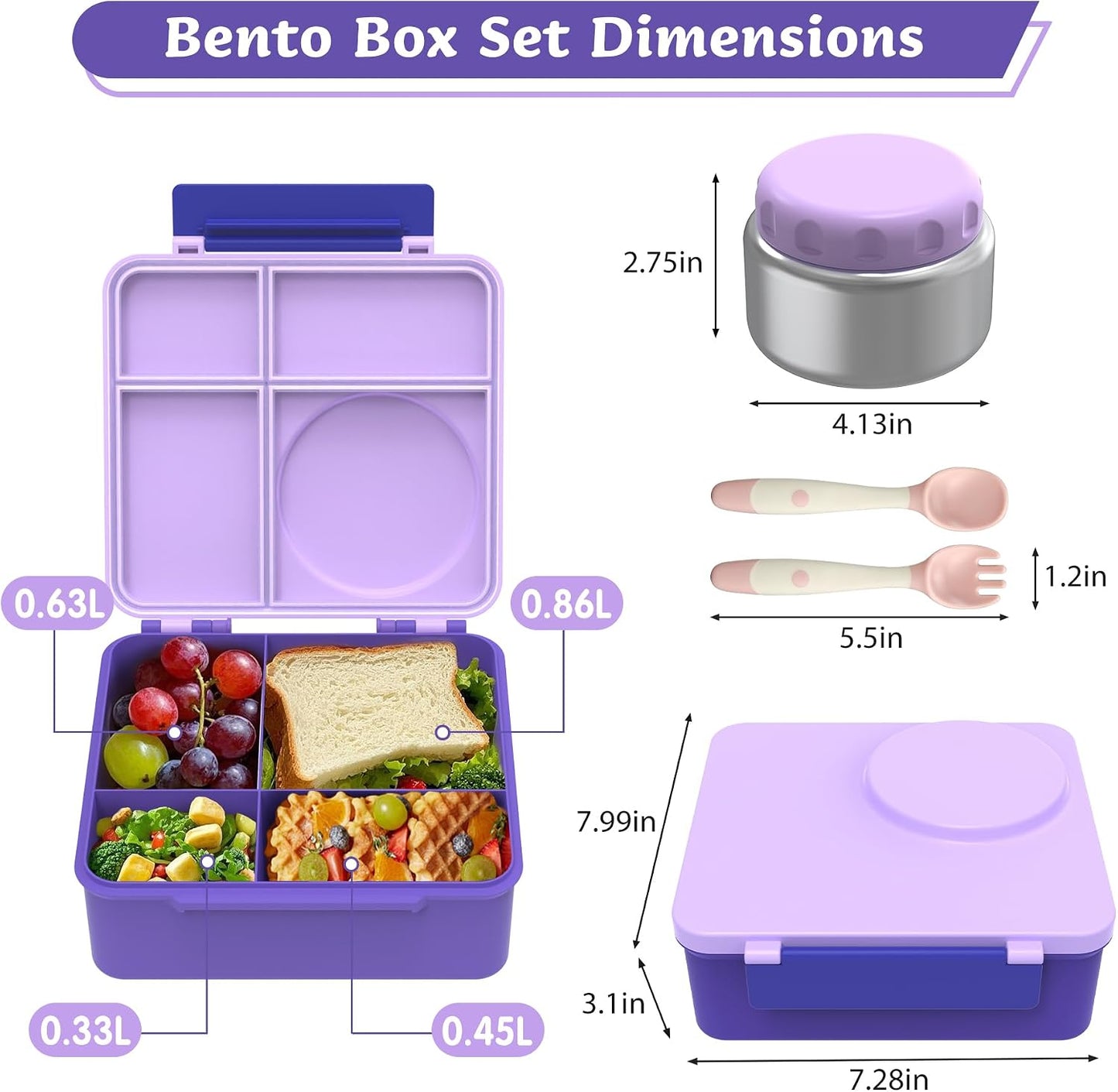 Bento Lunch Box Set for Kids with 8oz Soup Thermo, Leak-Proof Lunch Containers with 4 Compartment, Thermo Hot Insulated Food Jar and Foldable Fork Spoon, for Kids to School (pale pink)