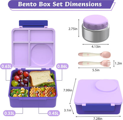 Bento Lunch Box Set for Kids with 8oz Soup Thermo, Leak-Proof Lunch Containers with 4 Compartment, Thermo Hot Insulated Food Jar and Foldable Fork Spoon, for Kids to School (pale pink)