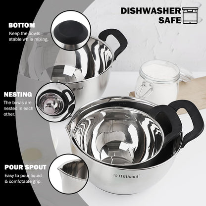 Hillbond Stainless Steel Bowls with Lids Set Mixing Bowls with Pour Spout, Silicone Handle and Non-Slip Bottoms for Baking, Metal Bowls Mixing Dishwasher Safe, Set of 3, Mother’s Day Gift (Black)