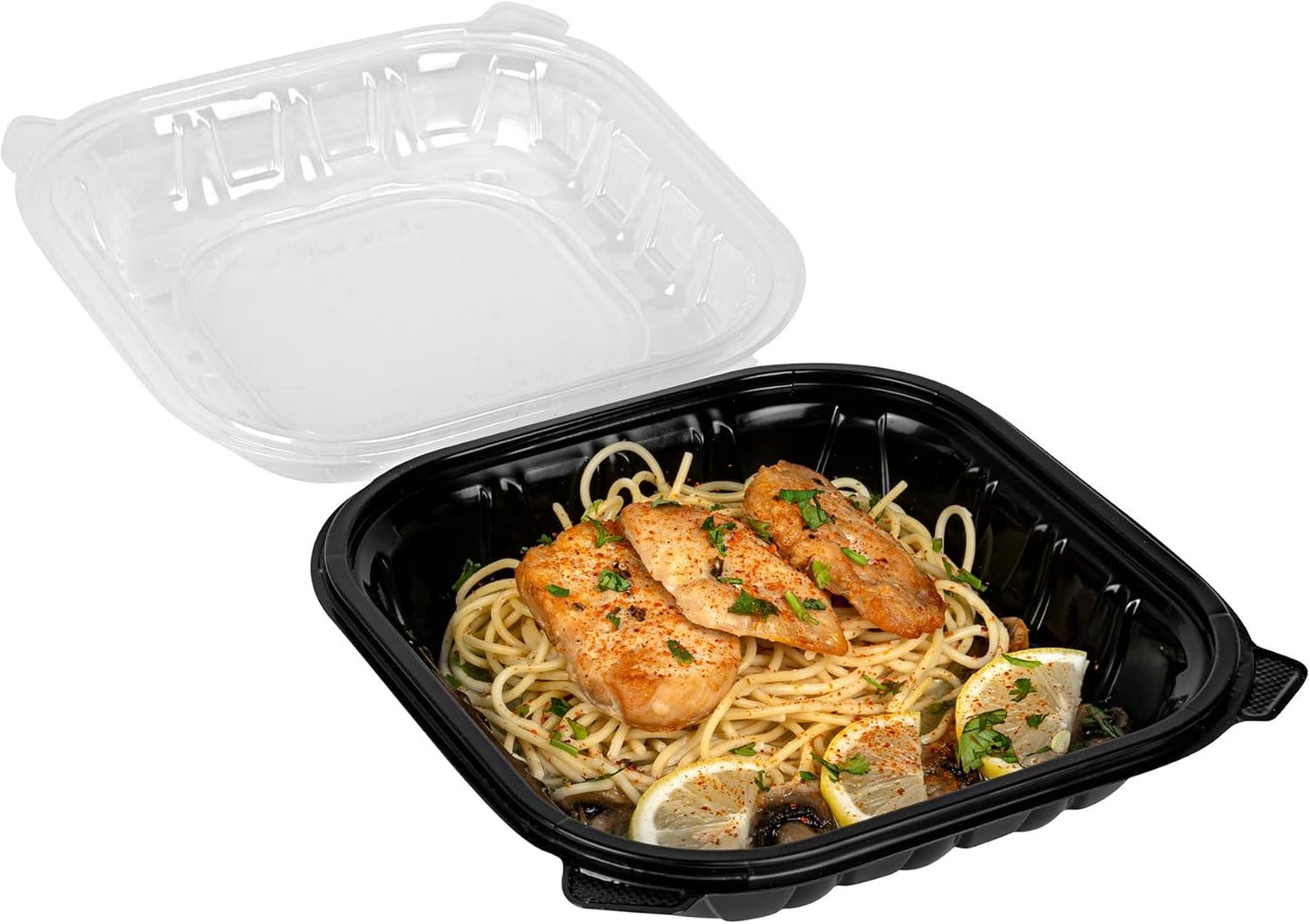 Thermo Tek 40 Ounce Clamshell Containers, 50 Disposable Take Out Boxes - 3 Compartments, Ventilated Lids, Black Plastic Meal Prep Containers, Microwavable, For Pasta Or Salads - Restaurantware