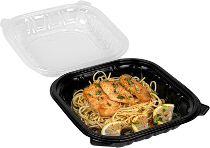 Thermo Tek 40 Ounce Clamshell Containers, 50 Disposable Take Out Boxes - 3 Compartments, Ventilated Lids, Black Plastic Meal Prep Containers, Microwavable, For Pasta Or Salads - Restaurantware