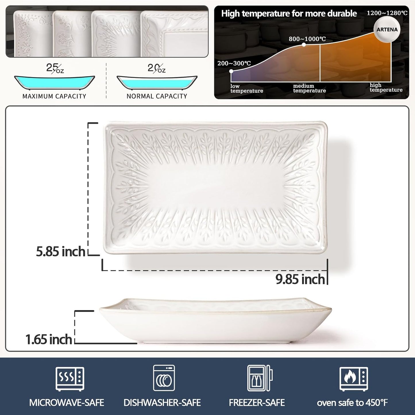 Artena 9.85" Ceramic Rectangle Plates Set of 4 - Deep Lipped Edges, Appetizer Salad Sushi Pasta Dessert Plates, Microwave/Oven Safe, Cute Kitchen Dinner Restaurant Serving Dishes (Wheat Leaf)
