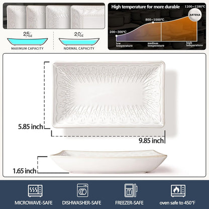 Artena 9.85" Ceramic Rectangle Plates Set of 4 - Deep Lipped Edges, Appetizer Salad Sushi Pasta Dessert Plates, Microwave/Oven Safe, Cute Kitchen Dinner Restaurant Serving Dishes (Wheat Leaf)